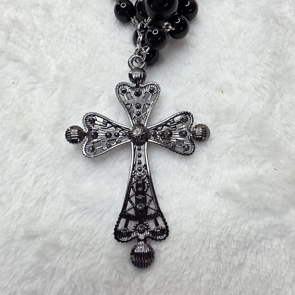 Black Beaded Necklace with Cross Pendant - Picture 6 of 6
